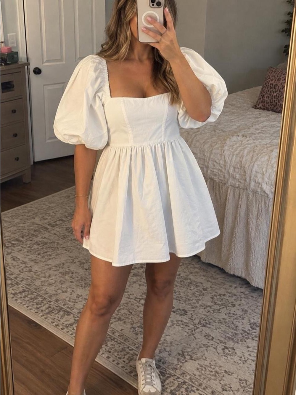 7 For All Mankind White Puff-Sleeve Mini Dress